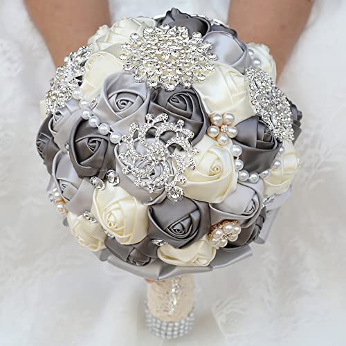 7.9 Inch Handmade Satin Rose Bridal Bouquet Toss Round Wedding Bouquet Throw Toss Artificial Flower Bunch Silver + Dark Grey + Ivory - color: W3217d04 Silver/Dark Grey/Ivory
