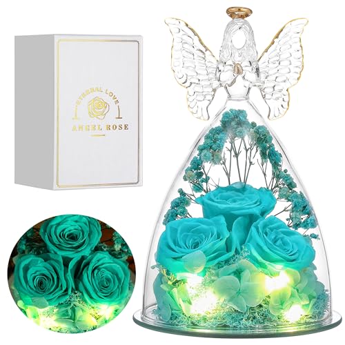 Mothers Day Rose Gifts for Women Preserved Real Flower in Glass Angel Figurines Roses for Delivery Prime Birthday Gifts for Mom Grandma Girlfriend Wife Her - Tify Blue - color: Aqua Blue