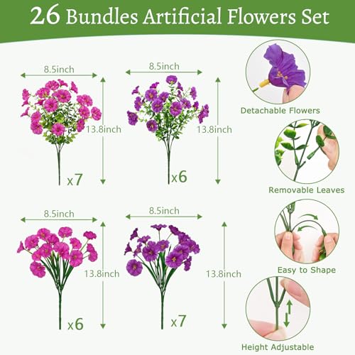 Artificial Flowers for Outdoors, 26 Bundles Fake Outdoor Flowers, UV Resistant Artificial Outdoor Plants & Flowers for Decoration, Colorful Morning Glory for Garden Porch Yard Patio, Purple & Fuchsia - color: Purple & Fuchsia, size: 26 Bundles