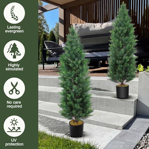 Hananona 2 Pcs 4 Ft Artificial Topiary Cedar Trees, Outdoor Faux Pine Shrubs, Realistic Fake Greenery Plants UV Resistant Cypress Trees for Christmas Porch Front Door Decor (2, Green, 4 Ft)