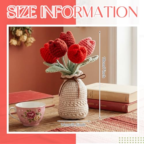 Marsui Crochet Knitting Tulip Bouquet with Vase 7" Knitted Artificial Forever Tulip Handmade Woven Flower with Exquisite Pot Gift for Father's Gifts Back to School Gift Family Home Desk Decor(Red) - color: Red, style: Tulip