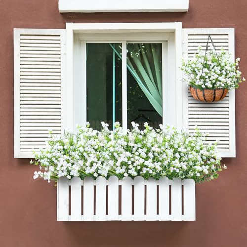 Sggvecsy Artificial Flowers for Outdoors 24 Bundles UV Resistant Boxwood Shrubs Artificial Eucalyptus Fake Plants Faux Plastic Greenery for Farmhouse Garden Home Indoor Outdoor Decoration（White） - color: White, size: 24Pcs