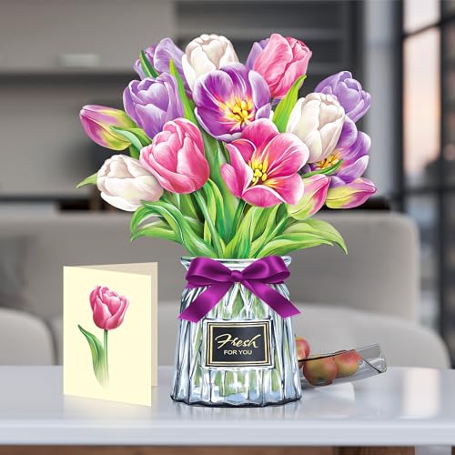 Airpark Pop Up Flower Bouquet Card for Women, 3D Floral Greeting Card with Envelope and Note, Birthday Thank You Thinking of You Get Well Gift for Mom Friend Wife Teacher, Tulip - style: Tulips
