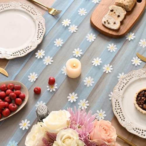 Artoid Mode Sky Blue Daisy Gauze Embroidery Table Runner 120 Inch 10FT, Tulle Seasonal Spring Kitchen Dining Holiday Table Decor for Home Party - color: Sky Blue