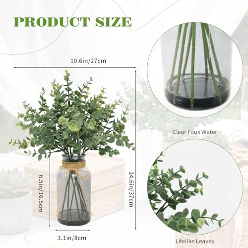 Artificial Eucalyptus Stem in Vase,Realistic Small Fake Eucalyptus Plant for Coffee Table Farmhouse Shelf Bathroom Home Office Decor (Green+Gray) - color: Green+gray