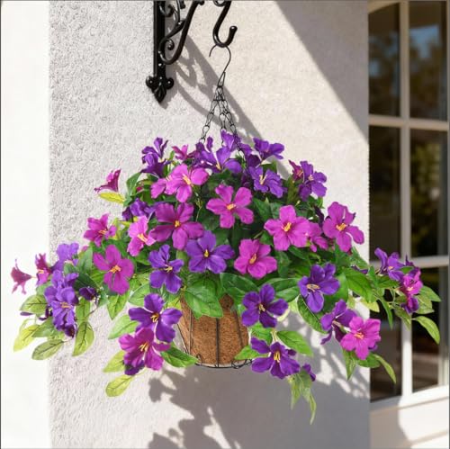 Homsunny Artficial Fake Hanging Flowers Plants with Baskets, 3PCS Silk Faux Outdoor Flowers UV Resistant Real Touch Plastic Flowers for Spring Garden and Home Patio Yard Decor (Light Purple Red) - color: Double Orchid With Basket