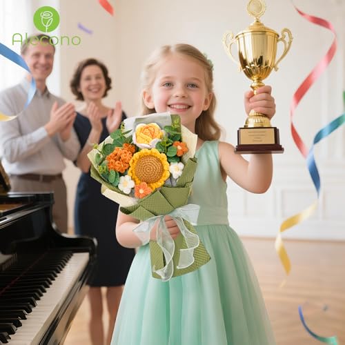 Alecono Crochet Flower Bouquet, Knitted Sunflower Flowers, Green Handmade Bouquet of Flowers for Lover Anniversary Birthday Party Mother's Day Graduation Gifts (Include Card) - color: Green