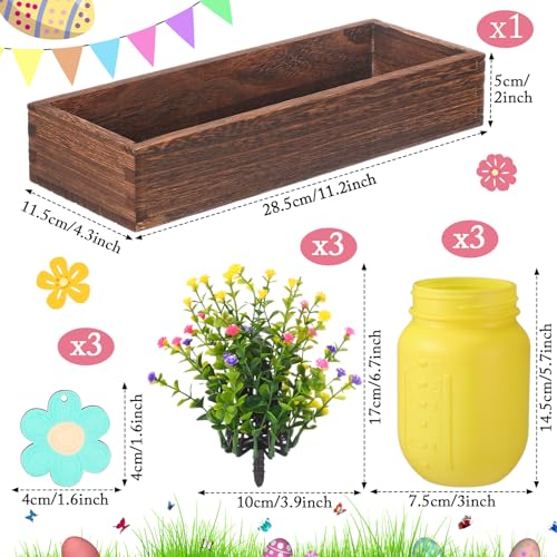 Domensi Easter Spring Table Decoration Set Rustic Wood Tray with Artificial Colorful Flower Greenery Fake Plants Mason Jar Wooden Tag for Easter Spring Dining Table Centerpiece Supplies - color: Pink, Blue Yellow, size: Easter Theme