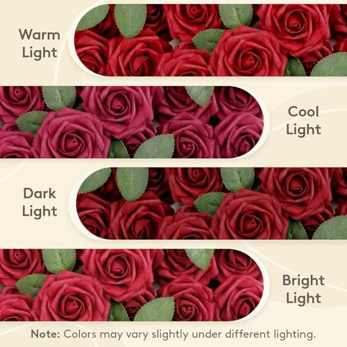 Lifewit Artificial Flowers, 50 Pcs Dark Red Foam Real Looking Roses with Stems, Fake Roses for DIY Wedding Bouquets, Centerpieces Arrangements, Valentine Decorations - color: Dark Red