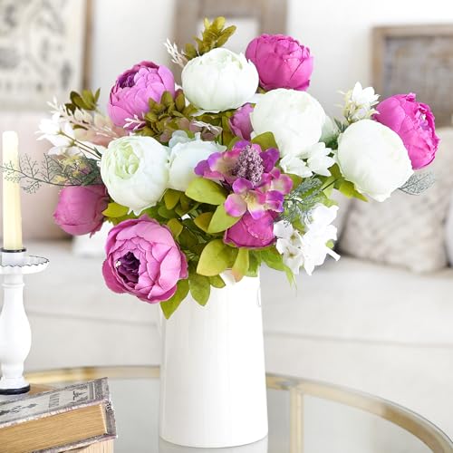 FiveSeasonStuff Vintage Artificial Peonies Silk Peony Flowers and Hydrangeas for Wedding Bridal Home Décor – Beautiful Floral Centerpiece Arrangement with 2 Bouquets (Bloom Purple and White Mix) - color: Vintage Bloom