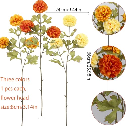 CISDUEO 3 Pcs Artificial Marigold Flowers Artificial Chrysanthemums Ball Flower Orange Silk Mums Flowers Spring Branches for Home Decor Floral Arrangement Table Centerpiece