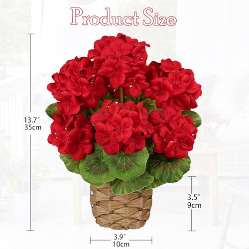 Briful Artificial Geraniums Flowers Potted Plant - 13.7'' Tall Faux Red Silk Realistic Lush Geraniums Flowers in Basket, Indoor&Outdoor Decorative Plant, Farmhouse Home Porch Office Patio Table - color: Red, Basket