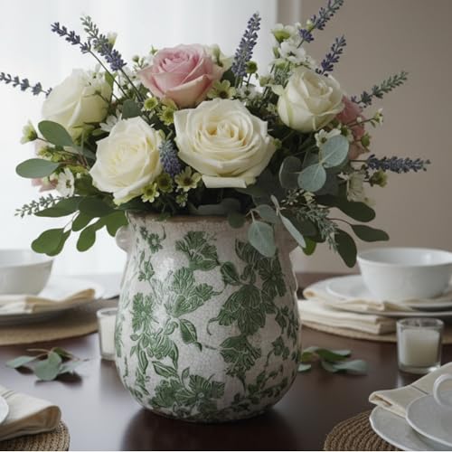 Vintage Green and White Ceramic Floral Vase Planter, Rustic Crackle Glaze Pottery Jar, Hand-Painted Floral Pot Design for Flowers or Plants, Farmhouse & Cottage Home Decor Accent - size: Large - Belly Jar without Drainage Hole