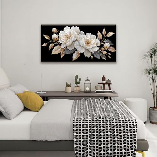 Modern Wall Art Decor Elegant White Flower Picture Artwork Home Wall Decor Canvas Wall Art For Living Room Bedroom Office Kitchen Ready To Hang 24x48 Inch Canvas Prints - color: White Black Gold, size: 48"L x 24"W