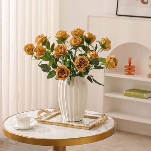 Hawesome 12PCS Artificial Silk Flowers Realistic Roses Bouquet Long Stem for Home Wedding Decoration Party (Gold, 12Pcs Flowers) - color: Gold, size: 12Pcs Flowers
