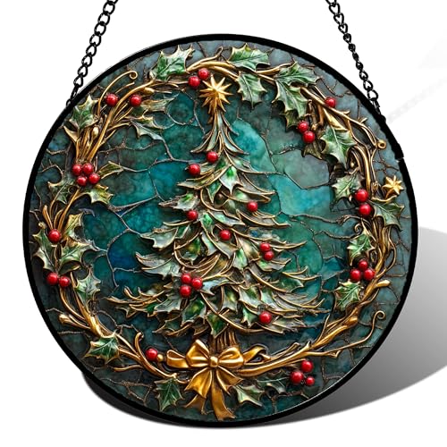 DASTOLL Stained Glass Window Hangings - Red Gold Green Wreath Suncatcher for Door Home Christmas Tree Decoration Sun Catcher Thanksgiving New Year Birthday Gift for Women Men Mom Grandma 9.8 in - color: Cyan, size: 9.8x9.8 IN