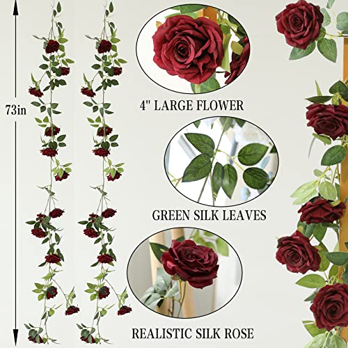 Dallisten 2 Strands 73'' Artificial Silk Rose Flower Vines Garland, Fake Roses Floral Green Leaves Hanging Plant for Wedding Arrangement Decoration, Wall, Party, Bedroom, Home Decor (Burgundy) - color: Burgundy