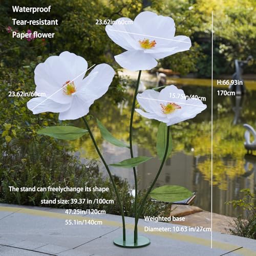 Large Paper Artificial Flowers,Giant Flowers for Decoration,Huge Handcrafted Poppy Fake Flowers with Stand for Home Decor Bridal Shower Party Outdoors Yard Event Backdrop Decor (White) - color: White