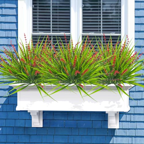10 Pcs Artificial Plants Outdoor, UV Resistant Fake Outdoor Flowers Plants Faux Plastic Monkey Grass for Outside Front Porch Garden Window Box Home Office Planters Desk Decor (Red) - color: Red, size: 10pcs