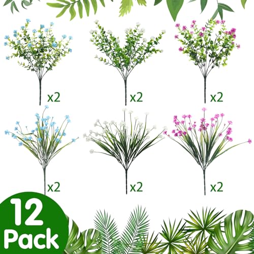 WILLBOND 12 Bundles Artificial Flowers Outdoor, UV Resistant Faux Artificial Plants Shrubs Plastic Flower Bulk for Hanging Planter Porch Window Home Spring Summer Decor(Blue, Purple, White) - color: Blue, Purple, White