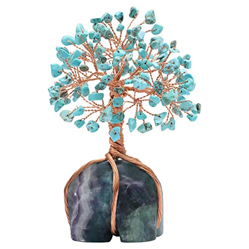 Crocon Howlite Green Turquoise Gemstone Money Tree with Fluorite Rough Wire Wrapped Base | Feng Shui Bonsai | Ornament Figurine | Chakra Balancing | Reiki Crystal Healing | Spiritual | Decor Size 5-6" - color: Ah Green Turquoise + Fluorite Base