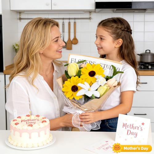 15.7inch Completed Pipe Cleaners Flowers Bouquet, Yellow Handmade Pipe Cleaners Bouquet, 2 Sunflower 1 Lily 6 Tulip 5 Daisy 14 PCS for Valentine’s Day Mother's Day Birthday Anniversary Wedding Decor - color: (Yellow） Tulip Sunflower Lily