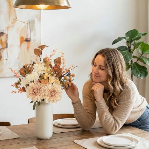 Artificial Fall Flowers Bouquet in Ceramic Vase, Faux Brown Flower Centerpieces for Coffee Table Decorations, Fake Silk Floral Arrangements for Thanksgiving Living Dining Room Bedroom Decor - color: Brown + Big