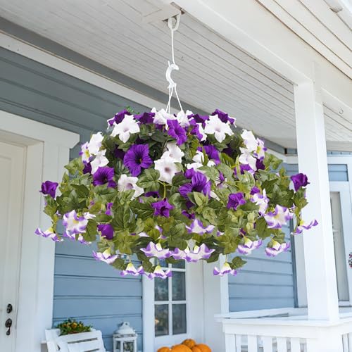 YOUNGLEAVES 2pcs Artificial Fake Petunia Flowers for Outdoor Decoration | Faux Realistic Floral Plants, UV-resistant realistic flower bouquet, Ideal for Garden Porch Balcony Home Wedding Party Decor - color: Purple White