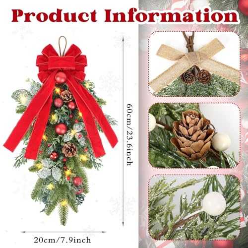 2 PCS 24" Artificial Christmas Teardrop Swag Norfolk Pine Teardrop Door Swag Xmas Cedar Swags Wreath with Berry Pinecone for Front Door Winter Cabinet Mantle Fireplace Wall Indoor Outdoor Home Decor - color: Xmas Red Ball
