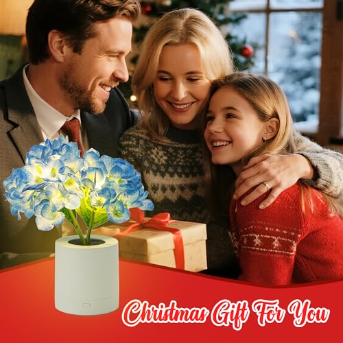 WSYEAR Blue Artificial Hydrangea LED Flower Lamp -Christmas Birthday Gifts for Women, Artificial Hydrangea Flower Table Lamp Decor for Bedroom Bar Coffee Shop Wedding - color: Blue Hydrangea
