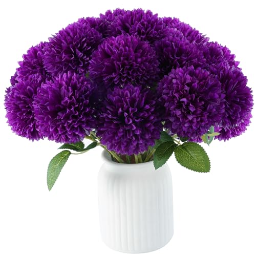 Hananona 12 Pcs Artificial Chrysanthemums Flowers Purple Flowers, Fake Mums Silk Vintage Flower for Home Decor Indoor Floral Arrangement Table Centerpiece (12, Purple) - color: Purple