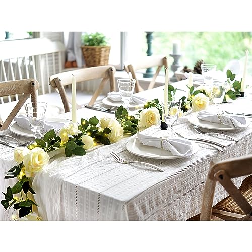 FiveSeasonStuff Product Image 29 Ft 4 Pack Cream White Rose Silk Flower Garland Artificial Flowers Decoration Hanging Floral with 66 feet String Lights - color: Cream White With String Lights