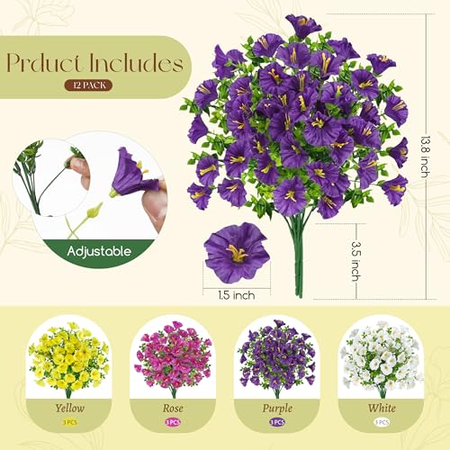Der Rose 12 Bundles Artificial Petunias Flowers for Outdoors UV Resistant Fake Morning Glory Realistic Petunias Flowers with Trumpet Blooms for Window Box Planter Filler Porch Patio Fence Decor - color: Multi-color D