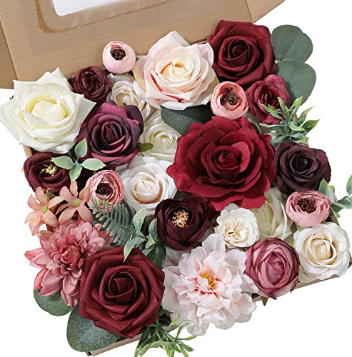 YYHUAWU Artificial Flowers Combo Set Fake Flower Leaf Box with Stems for DIY Wedding Bouquets Centerpieces Flower Arrangements Decorations Baby Shower Party Home Decorations (Burgundy) - color: Burgundy