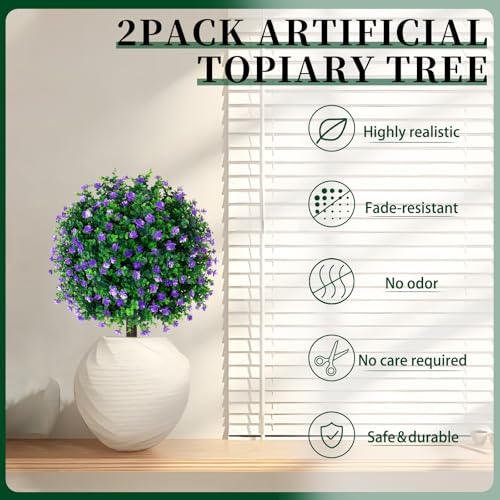 Artificial Purple Flower Boxwood Topiary Ball Trees,2 Set of 16'' UV Resistant Fake Evergreen Shrubs Bushes Plants with Ground Spike, Fake Plants for Outdoor Indoor Front Porch Garden - color: Purple Flower