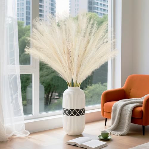 TORONTOKYO 8Pcs Beige Faux Pampas Grass Tall Decor, 35.4” Fluffy Artificial Pompous Grass Branches, Large Pampas Grass Reed Stems for Floor Vase Filler, Wedding, Baby Shower, Home Boho Decor - color: Cream White, size: 35.4inch-8Pcs