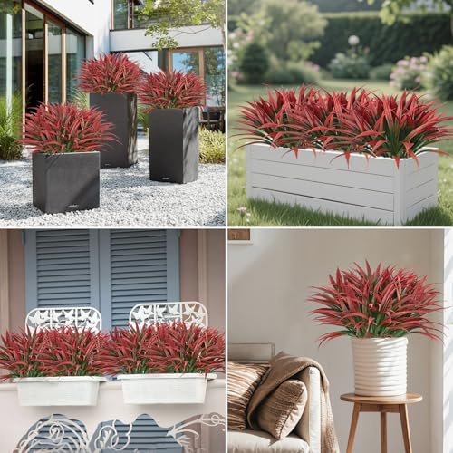 Ouddy Decor 20 Pcs Fake Outdoor Plants Artificial Grass Greenery Stems Faux Plastic Plants UV Resistant for Spring Summer Indoor Outside Garden Hanging Planter Porch Patio Window Box Home Decor, Red ﻿ - color: Red