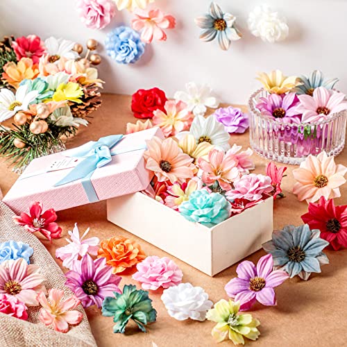 Hoteam 100 Pcs Assorted Flower Heads Decorative Artificial Fake Heads Small Faux Floral Crafts DIY Mini Daisy Rose Plum for Wedding Cake Mother's Day Party Wreath Home Spring (Bright) - color: Bright