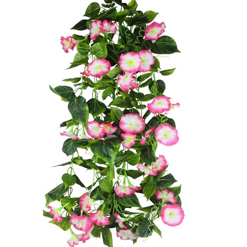 CISDUEO 2 Pcs Artificial Vines Silk Morning Glory Vines for Outdoor 15Feet Hanging Plants Garland Pink Fake Green Plant Morning Glories for Home Decor Wall Fence Stairway Wedding Hanging Baskets - color: Pink