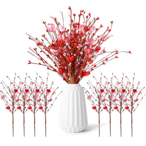 8PCS Valentine's Day Floral Decorations – Artificial Heart Shaped Foam with Red, Pink, White Berries, Artificial Picks for Home, Wedding, Party, DIY Craft, Perfect Valentine's Gift