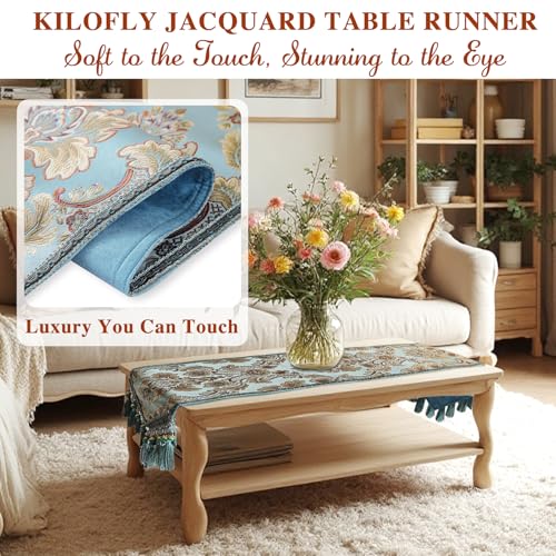 kilofly Elegant Floral Brocade Jacquard Table Runner Tassels (60 x 12 inches) - color: Blue, size: 60*12 inch
