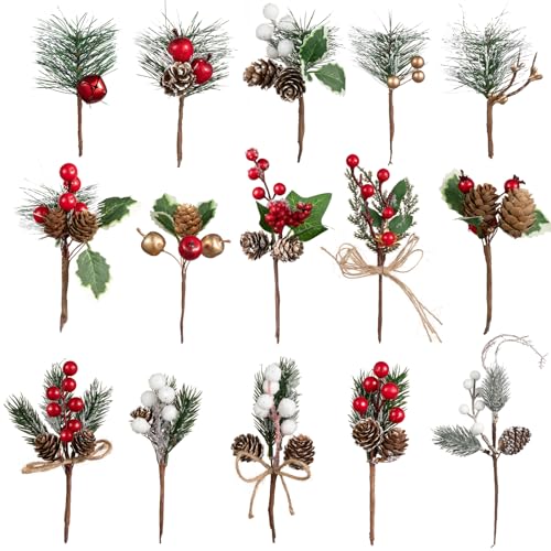 Crafare 15 Pack Small Christmas Picks Assorted Size Red Berry Picks Stems with Pinecones for Christmas Holiday Floral Arrangement Winter Holiday Season Decoration - size: 5in-9in berry stem picks