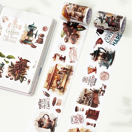 WT Caffeine Canvas Wide Washi Tape, Single Roll, Original Designs, Watercolor Vintage Cafe Paper Tape, Coffee Theme for Journals, Scrapbooks, Bujo Planners, DIY Crafts Supplies - color: WT Caffeine Canvas Wide Washi Tape