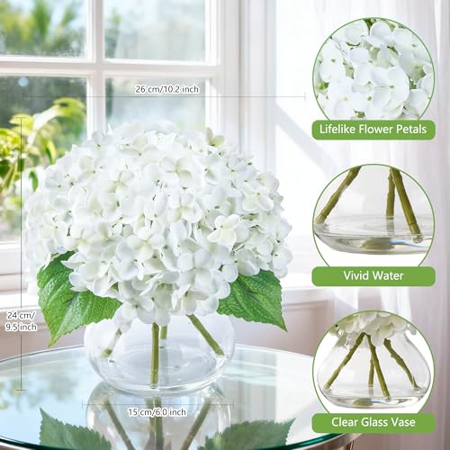 Artificial Hydrangea Flowers Arrangements in Glass Vase for Home Decoration, Faux Hydrangea Flowers for Floral Arrangements with Faux Water Wedding Bouquets Kitchen Table Centerpiece Decor - color: White