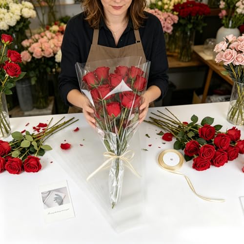 Wzifyf 50 PACK Flower Bags for Bouquets Flower Bouquet Holders Clear Floral Wrapping Paper flower Sleeves Build Your Own Bouquet Bar with 72 Ft Ribbons for Valentine's Day Packaging - color: Clear, size: bouquet wrap