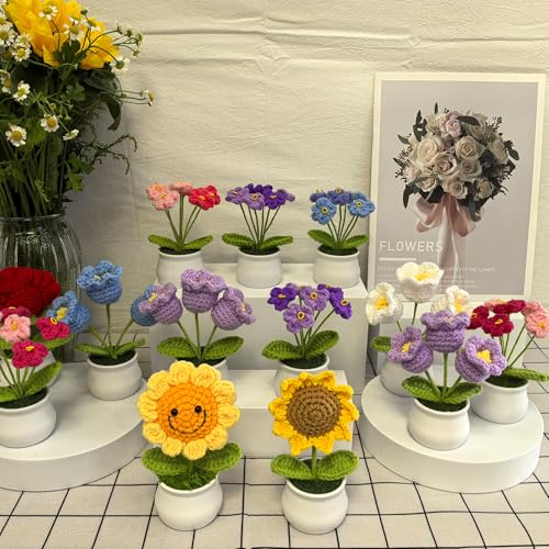 Crochet Flowers Bouquet for Home Office Desk Decorations, Birthday Gifts for Women Her Mom Teacher Coworkers Sister Friends, Purple