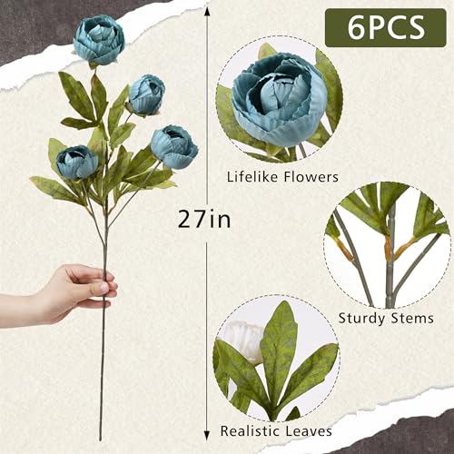 Waipfaru 6 Pcs Faux Peonies Artificial Flowers for Vase, 27" Fake Silk Peonies Flowers for Wedding, Vase Filler Blue Flowers for DIY Bouquets Centerpieces Bridal Shower Office Decor - color: Blue, size: 6Pcs