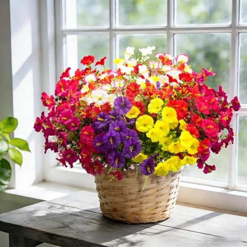 Grunyia Artificial UV Resistant Morning Glory Flowers with Eucalyptus - 16 Bundles Faux Silk Plastic Mixed Color Fake Plants for Outdoor Indoor Porch Patio Planter Yard Garden Home Decor - color: Mix(white,yelow,orange,red,purple,pink,fuchsia, Rose Red)