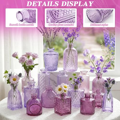Set of 30 Purple Colored Glass Bud Vases - Small Textured Flower Vases for Centerpieces, Wedding Table Decor, Retro Home Decor Bulk Vase Set for DIY, Events & Gifts - color: Purple