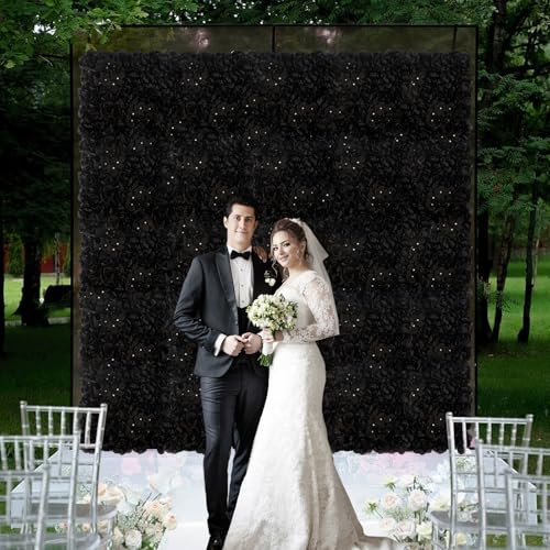 3D Flower Wall Backdrop - 12Pcs 15×15 Inch Artificial Rose Panels Black Silk Floral Decor for Home Party Wedding Anniversary Birthday Photographic Studio Background & Decorative Fences - color: Black, size: 12PCS-15x15